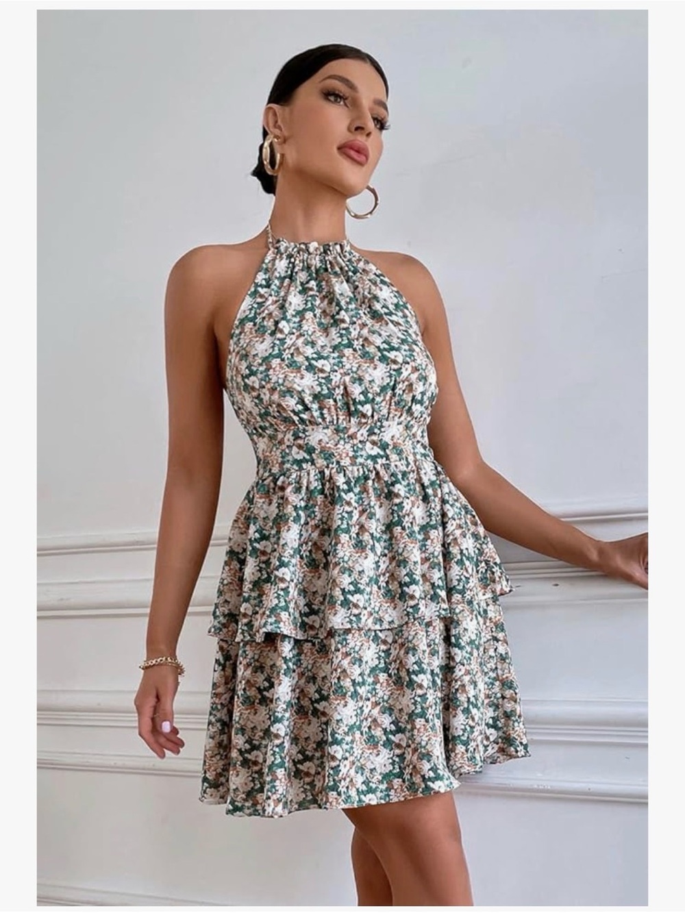 Floral Halter Tiered Mini Dress in Green